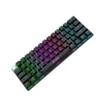 Rgb-lit mechanical gaming keyboard with color-shifting keys and a detachable wrist rest area at an angle