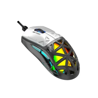 Wired gaming mouse with a geometric lattice shell and rainbow RGB lighting on a white background