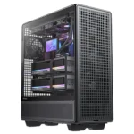 Gaming desktop pc with side panel removed, dual geforce rtx gpus, cooling fans, and rgb lighting inside a black tower