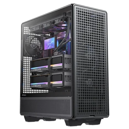 Gaming desktop pc with side panel removed, dual geforce rtx gpus, cooling fans, and rgb lighting inside a black tower