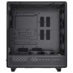 Empty mid-tower pc case interior with motherboard mounting area, pcie slots, drive bays, and three visible fans for cooling at the bottom/front area.