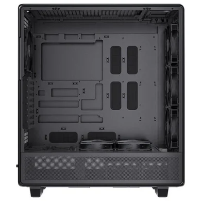 Empty mid-tower pc case interior with motherboard mounting area, pcie slots, drive bays, and three visible fans for cooling at the bottom/front area.
