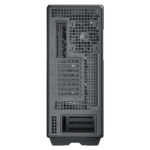 Back panel of a desktop computer tower showing expansion slots, ventilation grid, and the lower power-supply area.