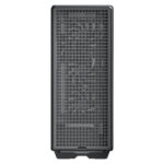 Tall black loudspeaker with a perforated grille facing the viewer, standing upright on a base.