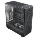 Black mid-tower pc case with a transparent side panel displaying the internal motherboard, drive bays, and cooling fans.