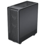 Black mid-tower computer case with a ventilated front mesh panel and top exhaust area viewed from front-left.
