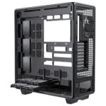 Mid-tower pc case with side panel removed, showing empty interior, drive bays and expansion slots (no components installed).