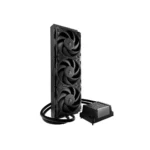 Triple-fan liquid cooling radiator with attached tubing and a separate pump unit, black and compact design.