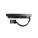 Black pc liquid cooling radiator with an attached pump unit and two thick tubing lines, branded arctic.
