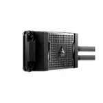 Pc liquid cooling pump block with two braided tubes and arctic logo, shown from a side angle