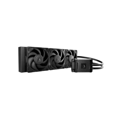 All-black triple-fan liquid cpu cooler with radiator and pump block connected by tubes