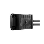 Arctic water cooling block with two braided tubes extending to the right (angled view).