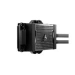 Arctic water cooling pump with dual braided tubes extending to the right and a vented black housing with the arctic logo
