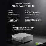 Asus ascent gx10 ultra-small ai supercomputer with nvidia gpus and specs: 128 gb lpddr5x, 1 petaflop ai performance, grace 20-core arm processor, up to 200b parameter capacity, shown with product image.