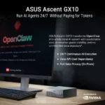 Marketing image showing asus ascent gx10 computer setup with openclaw branding and bullets about 24/7 ai execution and privacy features.