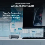 Asus ascent gx10 ultra-small ai supercomputer on a desk beside a monitor and keyboard.
