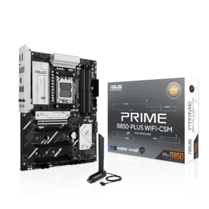 Asus prime b850 plus wifi csm amd motherboard (prime b850-plus wifi-csm) Asus prime b850-plus wifi‑csm motherboard shown with its retail box beside it.
