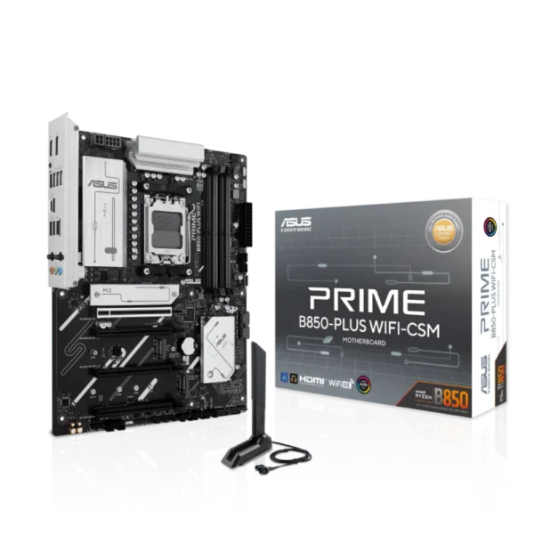 Asus prime b850-plus wifi‑csm motherboard shown with its retail box beside it.