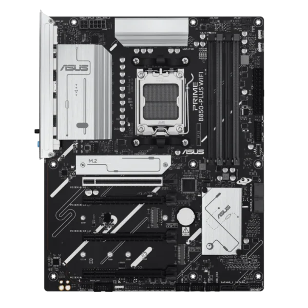 Asus prime b560-plus wifi motherboard with lga socket, dual ram slots, pcie x16, m. 2 slot, and silver heatsinks.