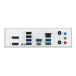 Rear i/o panel of a desktop computer with multiple usb ports, ethernet, and colorful audio jacks (blue, green, pink).