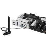 Motherboard with i/o shield showing usb ports, ethernet, audio jacks, and an add-on rear panel card; a wi‑fi antenna sits beside it.