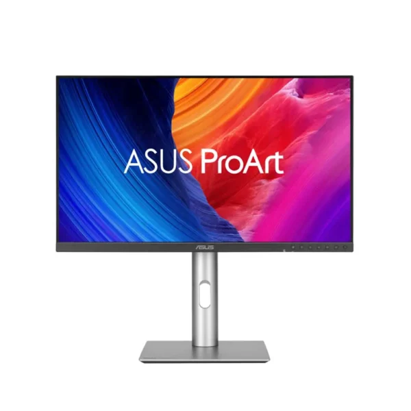 Asus proart display pa278qv 27 inch gen2 ips qhd monitor (pa278qgv) Asus proart monitor on a silver adjustable stand displaying a colorful abstract wallpaper.