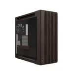 Brown computer case with a transparent side panel showing internal components and a perforated front venting area