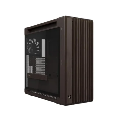 Brown computer case with a transparent side panel showing internal components and a perforated front venting area