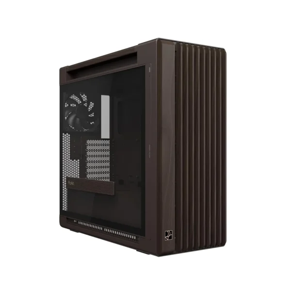 Brown computer case with a transparent side panel showing internal components and a perforated front venting area