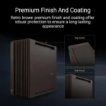 Dark brown premium device with ribbed sides and a highlighted top cover, showcasing finish and coating details (infographic style).
