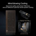 Product infographic showing a computer cooling system with a front grille and a dual-fan cooling setup; emphasizes maximum air intake and enhanced airflow with thick 38 mm front fans and 140 x 28 mm rear fans.