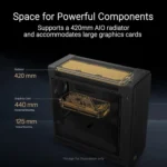 Promotional cutaway of a pc case showing space for a 420 mm radiator and a 440 mm graphics card, with labeled dimensions.