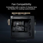 Pc case interior with fan-mount labels showing support for 140mm and 120mm fans (fan compatibility overview).