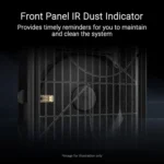 Promotional image of a dark safe front with a gold latch; large overlay text introduces a 'front panel ir dust indicator' and its maintenance purpose.