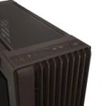 Close-up of a brown wood-finish space heater showing the top control panel with a power button, numeric display, and usb/auxiliary ports.