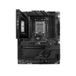 Black high-end atx motherboard with am5 socket, multiple pcie slots, and large heatsink; branded 'dark hero' with rog logo (gaming motherboard).