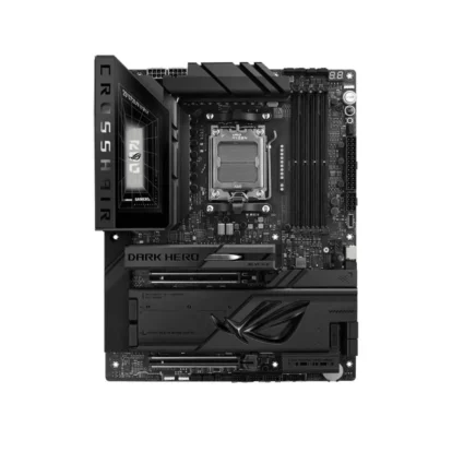 Asus rog crosshair x870e dark hero am5 atx motherboard Black high-end atx motherboard with am5 socket, multiple pcie slots, and large heatsink; branded 'dark hero' with rog logo (gaming motherboard).