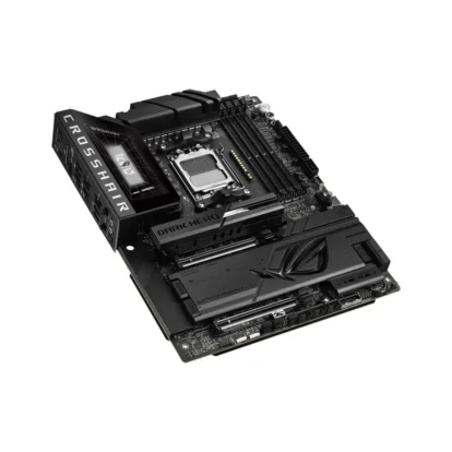 Black motherboard with cpu socket, four ram slots, and pcie expansion slots visible.