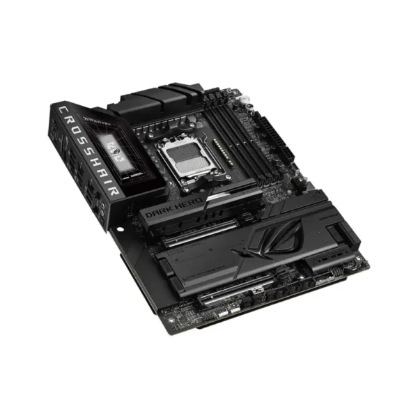 Asus rog crosshair x870e dark hero am5 atx motherboard Black motherboard with cpu socket, four ram slots, and pcie expansion slots visible.