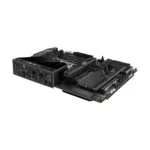 Black computer motherboard with pcie slots and i/o shield on a white background.