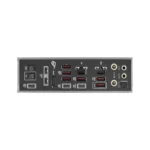 Front-back i/o panel of a computer with multiple usb ports, hdmi, ethernet, and audio jacks on a dark chassis panel