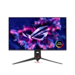 Asus oled gaming monitor on a three-pronged stand with colorful wallpaper on screen, viewed head-on.