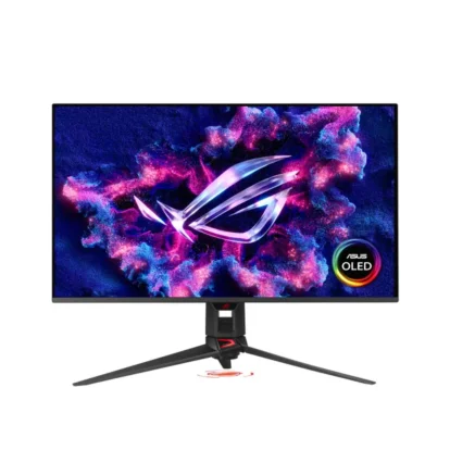 Asus rog swift pg32ucdm 32 inch qd-oled gen3 gaming monitor (pg32ucdm) Asus oled gaming monitor on a three-pronged stand with colorful wallpaper on screen, viewed head-on.