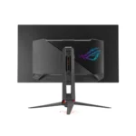 Rear view of a large black gaming monitor on an angular stand with a multicolor rgb logo on the back panel.