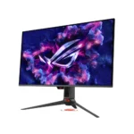 Gaming monitor on a stand with red rog logo, displaying a vivid purple‑pink cosmic wallpaper.