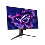 Large gaming monitor on a stand displaying a colorful abstract wallpaper with an rog logo in the center.