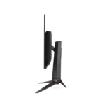 Side view of a black computer monitor on a tall angular stand with a three-pronged base.