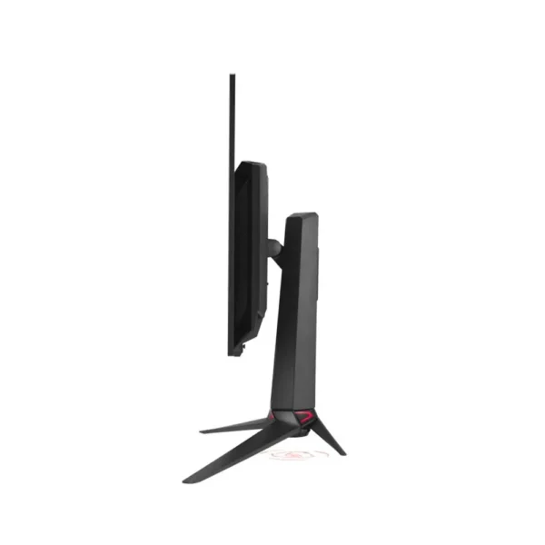 Asus rog swift pg32ucdm 32 inch qd-oled gen3 gaming monitor (pg32ucdm) Side view of a black computer monitor on a tall angular stand with a three-pronged base.