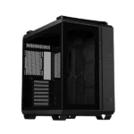 Black mid-tower pc case with side panel removed, showing drive bays and expansion slots inside a perforated rear panel.