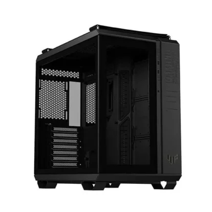 Black mid-tower pc case with side panel removed, revealing pcie slots and drive bays inside a spacious interior